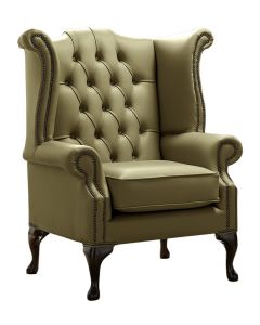 Chesterfield High Back Wing Chair Shelly Sage Leather Bespoke In Queen Anne Style