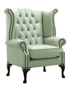 Chesterfield High Back Wing Chair Shelly Thyme Green Leather Bespoke In Queen Anne Style