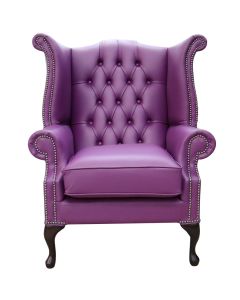 Chesterfield High Back Wing Chair Shelly Wineberry Purple Leather Bespoke In Queen Anne Style