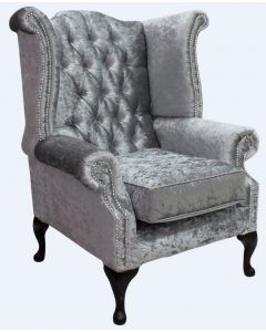 Chesterfield High Back Wing Chair Shimmer Silver Velvet Bespoke In Queen Anne Style 