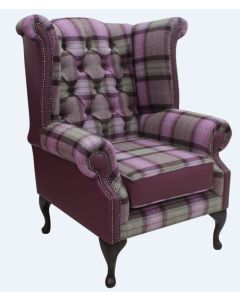 Chesterfield High Back Wing Chair Skye Amethyst Leather Wool Tweed Check In Queen Anne Style   