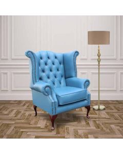 Chesterfield High Back Wing Chair Soft Vele Cambridge Blue Leather In Queen Anne Style