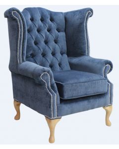 Chesterfield High Back Wing Chair Velluto Blue Fabric Yew Feet In Queen Anne Style  