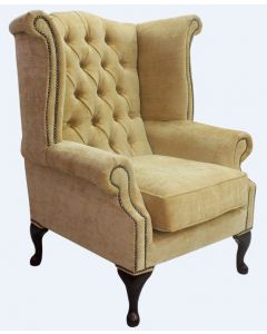 Chesterfield High Back Wing Chair Velluto Gold Fabric In Queen Anne Style