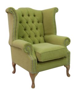 Chesterfield High Back Wing Chair Verity Lime Green Fabric In Queen Anne Style  