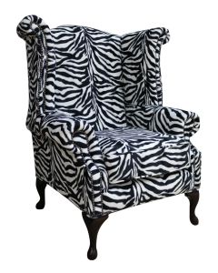 Chesterfield High Back Wing Chair Zebra Animal Print Fabric In Queen Anne Style 