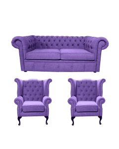 Chesterfield Original 2 Seater + 2 x Queen Anne Chairs Verity Purple Fabric Sofa Suite