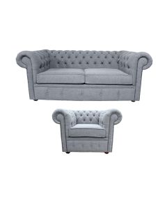 Chesterfield Original 2 Seater + Club chair Verity Plain Steel Grey Fabric Sofa Suite