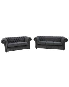 Chesterfield Original 3 + 2 Seater Sofa Suite Marinello Pewter Grey Fabric In Classic Style