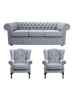 Chesterfield Original 3 Seater + 2 x Mallory Chair Verity Plain Steel Grey Fabric Sofa Suite 