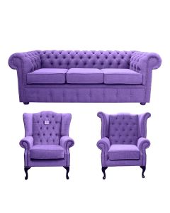 Chesterfield Original 3 Seater +Mallory Chair + Queen Anne Chair Verity Purple Fabric Sofa Suite 