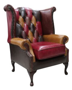 Chesterfield Patchwork High Back Wing Chair Old English Real Leather In Queen Anne Style
