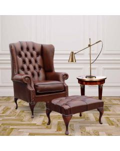 Chesterfield Prince's High Back Wing Chair + Footstool Antique Tan Leather In Mallory Style