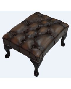 Chesterfield Queen Anne footstool Antique Tan Real Leather In Classic Style