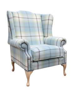 Chesterfield Saxon High Back Wing Chair Balmoral Duck Egg Check Fabric In Mallory Style