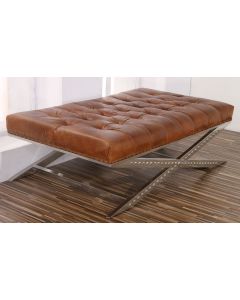Chesterfield Vintage Buttoned Criss Cross Footstool Brown Real Leather 
