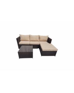 Lovisa 3 Seater Rattan Brown Beige Garden Sofa Set With Large Stool And Coffee Table
