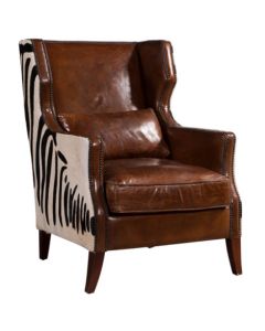 Lowry Zebra Handmade Wing Chair Vintage Brown Distressed Real Leather 