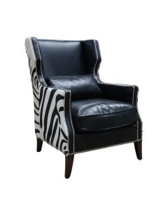 Lowry Zebra Original Wing Chair Vintage Black Distressed Real Leather 