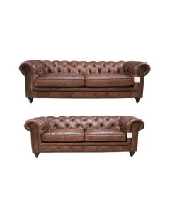 Vintage 3+2 Chesterfield Sofa Suite Distressed Nappa Chocolate Brown Real Leather 