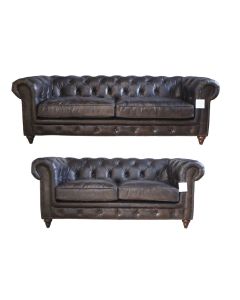 Vintage 3+2 Chesterfield Sofa Suite Distressed Tobacco Brown Real Leather 