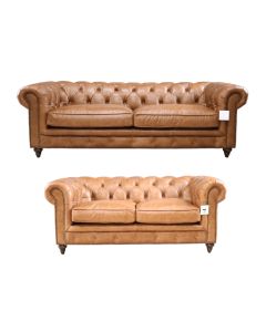 Vintage 3+2 Earle Chesterfield Sofa Suite Distressed Nappa Caramel Tan Real Leather 