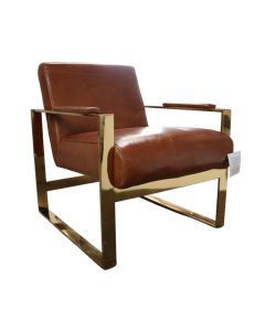 Vintage Armchair Distressed Tan Real Leather and Gold Stainless Steel 