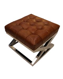 Vintage Buttoned Metal Cross Footstool Ottoman Distressed Tan Real Leather 