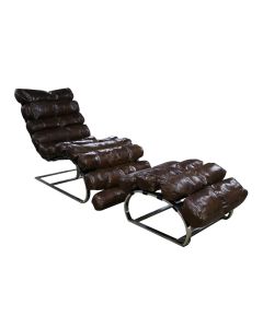 Vintage Chaise Lounge With Footstool Brown Distressed Real Leather 