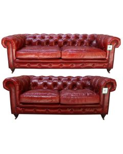 Vintage Chesterfield 3+2 Distressed Rouge Red Leather Sofa Suite