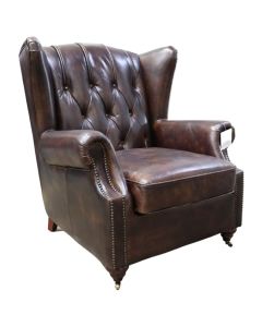 Vintage Chesterfield Buttoned Wingback Chair Tobacco Brown Distressed Real Leather 