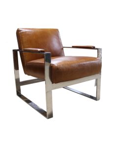 Vintage Distressed Tan Leather and Stainless Steel Armchair In Stock