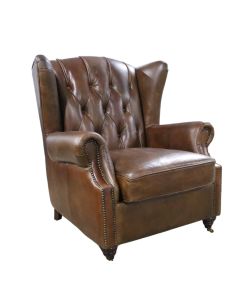 Vintage Genuine Chesterfield Buttoned Wingback Chair Brown Distressed Real Leather 