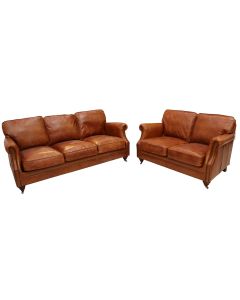 Vintage Luxury 3+2 Seater Settee Distressed Tan Leather Sofa Suite 