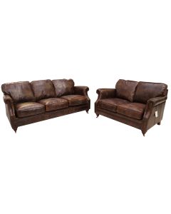 Vintage Luxury 3+2 Seater Settee Distressed Tobacco Brown Leather Sofa Suite 