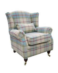 Wing Chair Original Fireside High Back Armchair P&S Balmoral Aqua Blue Check Real Fabric 
