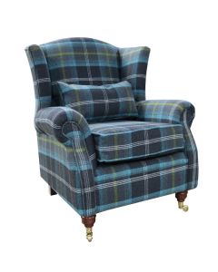 Wing Chair Original Fireside High Back Armchair P&S Balmoral Azure Blue Check Real Fabric 