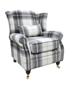 Wing Chair Original Fireside High Back Armchair P&S Balmoral Charcoal Check Real Fabric 