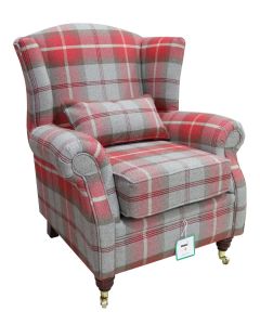 Wing Chair Original Fireside High Back Armchair P&S Balmoral Cherry Check Real Fabric 