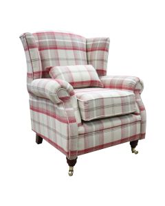 Wing Chair Original Fireside High Back Armchair P&S Balmoral Cranberry Check Real Fabric 