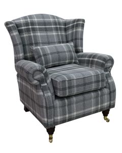 Wing Chair Original Fireside High Back Armchair P&S Balmoral Dove Grey Check Real Fabric 