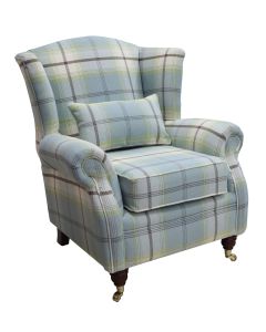 Wing Chair Original Fireside High Back Armchair P&S Balmoral Duck Egg Blue Check Real Fabric 