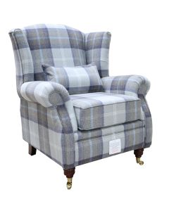 Wing Chair Original Fireside High Back Armchair P&S Balmoral Oxford Blue Check Real Fabric 