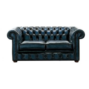 Chesterfield 2 Seater Antique Blue Leather Sofa Settee Bespoke In Classic Style