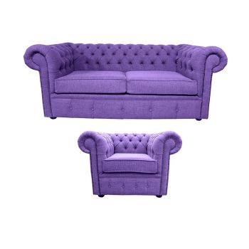 Chesterfield 2 Seater + Club chair Sofa Suite Verity Purple Fabric In Classic Style