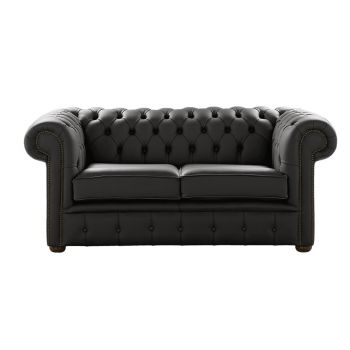 Chesterfield 2 Seater Shelly Black Real Leather Sofa Settee Bespoke In Classic Style