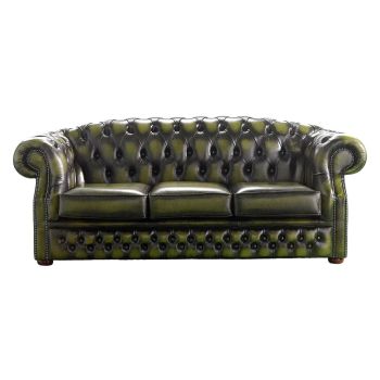 Chesterfield 3 Seater Antique Olive Leather Sofa Bespoke In Buckingham Style