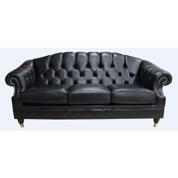 Chesterfield 3 Seater Old English Black Leather Sofa Settee Bespoke In Victoria Style