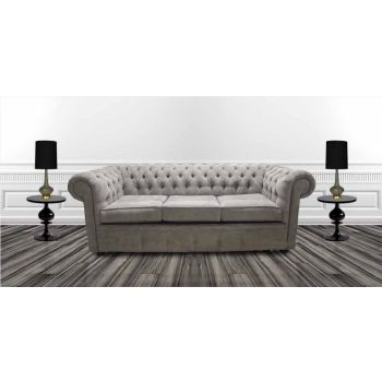 Chesterfield 3 Seater Sofa Kimora Grey With Blue Piping Fabric In Classic Style