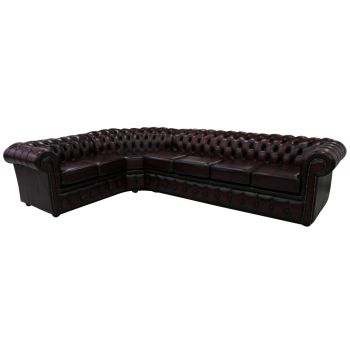 Chesterfield 4 Seater + Corner + 2 Seater Antique Oxblood Leather Cushioned Corner Sofa In Classic Style
